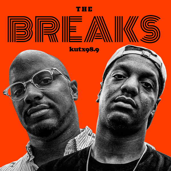 The Breaks logo -- Confucius Jones wearing a collared shirt and Fresh Knight wearing a backwards baseball cap and chain set in front of a red background.