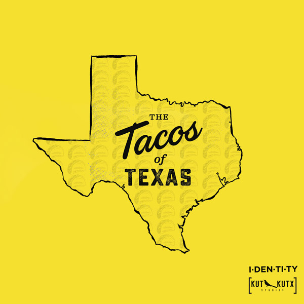 Tacos of Texas logo yellow state outline with tacos on it